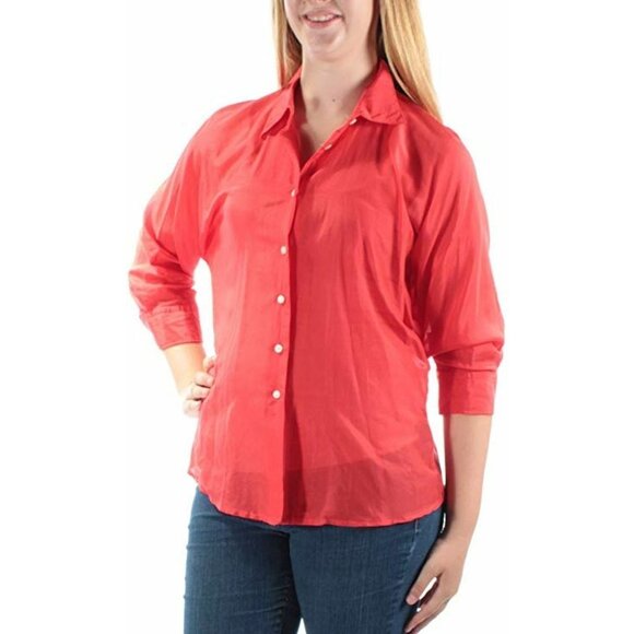 Ralph Lauren Blouse 10 Womens Long Sleeve Silk Blend Orange NWT Shirt Medium‎ - Picture 2 of 2
